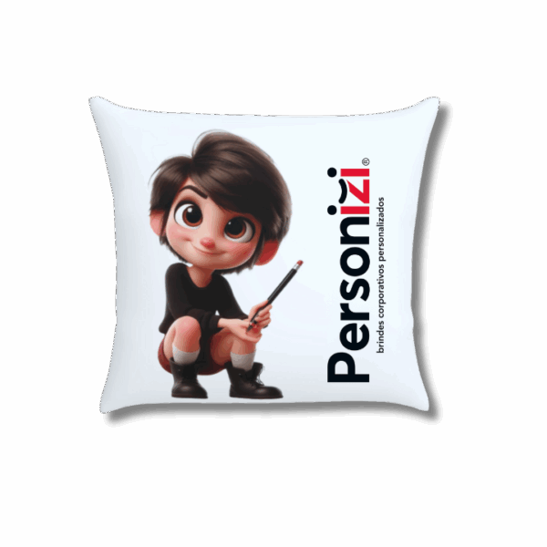 Almofada branca 30x30cm personalizada com logo. Brinde criativo e confortável para eventos, ações promocionais e kits corporativos.