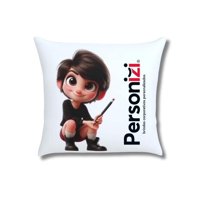 Almofada branca 30x30cm personalizada com logo. Brinde criativo e confortável para eventos, ações promocionais e kits corporativos.