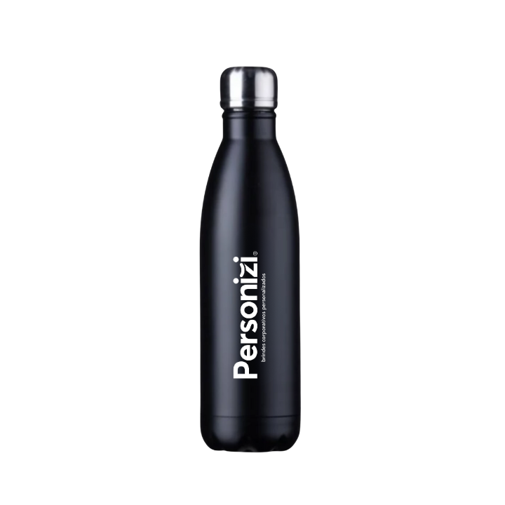 Garrafa squeeze inox 750ml personalizada com logo. Brinde resistente e sofisticado para ações promocionais e eventos corporativos.