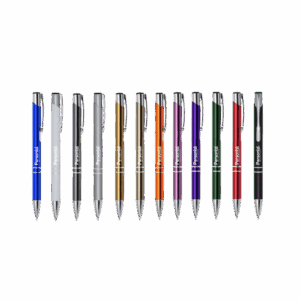 Caneta de metal cromada com logo. Brindes personalizados sofisticados para eventos corporativos, kits institucionais e ações promocionais.