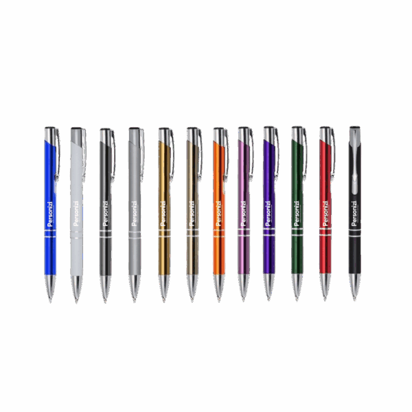 Caneta de metal cromada com logo. Brindes personalizados sofisticados para eventos corporativos, kits institucionais e ações promocionais.
