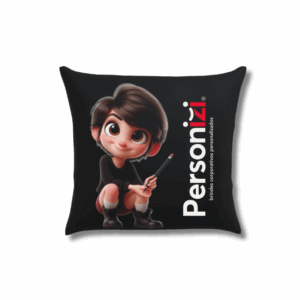 Almofada preta 30x30cm com enchimento e logo. Brinde personalizado sofisticado e confortável para ações promocionais e eventos.
