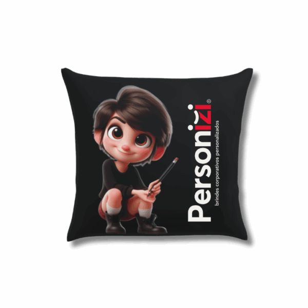 Almofada preta 30x30cm com enchimento e logo. Brinde personalizado sofisticado e confortável para ações promocionais e eventos.