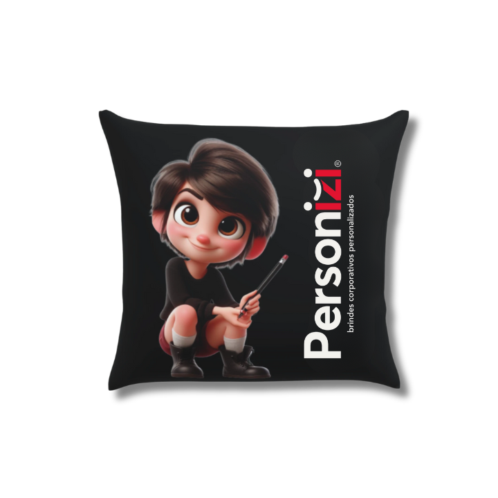 Almofada preta 30x30cm com enchimento e logo. Brinde personalizado sofisticado e confortável para ações promocionais e eventos.