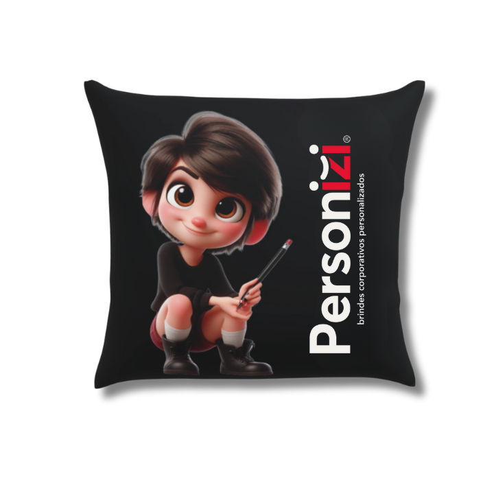 Almofada preta 40x40cm com enchimento e logo. Brinde personalizado elegante e funcional para eventos, ações promocionais e kits.