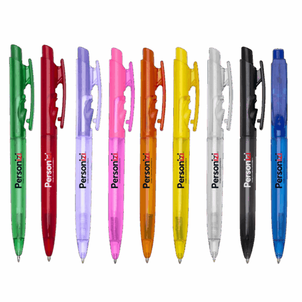 Caneta plástica Modelo 2 com logo. Brinde personalizado prático e versátil para eventos, campanhas promocionais e ações corporativas.