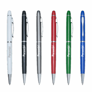 Caneta semimetal com ponta touch personalizada. Brinde funcional e moderno para eventos, campanhas promocionais e ações corporativas.
