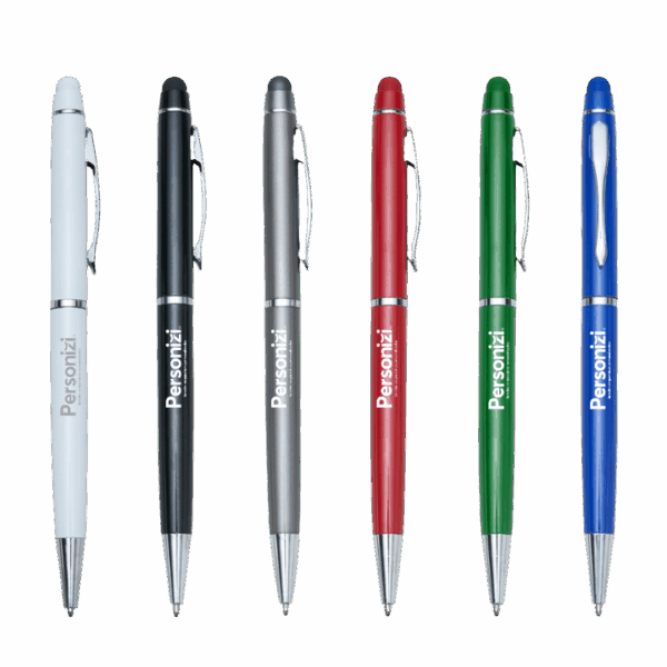 Caneta semimetal com ponta touch personalizada. Brinde funcional e moderno para eventos, campanhas promocionais e ações corporativas.