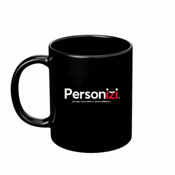 Caneca preta personalizada ideal como brinde corporativo moderno e impactante para ações promocionais e eventos de empresas.