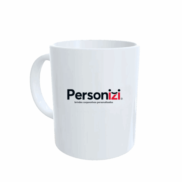 Caneca branca personalizada em cerâmica com logo. Brinde corporativo prático e versátil para ações promocionais e institucionais.