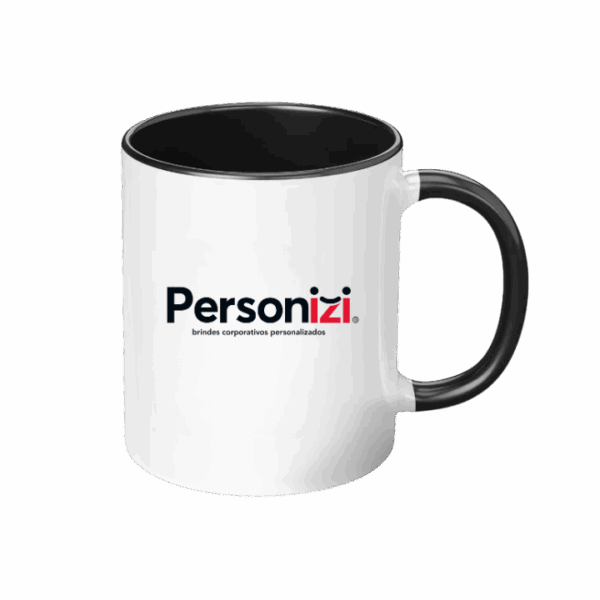 Caneca personalizada com interior e alça coloridos. Brinde criativo e durável para eventos e ações promocionais corporativas.