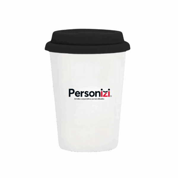 Copo de cerâmica Trip 300ml com tampa personalizado. Brinde elegante e funcional para ações promocionais e eventos corporativos.