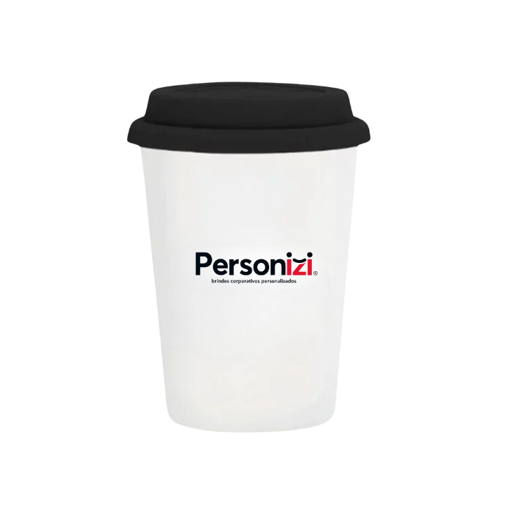 Copo de cerâmica Trip 300ml com tampa personalizado. Brinde elegante e funcional para ações promocionais e eventos corporativos.