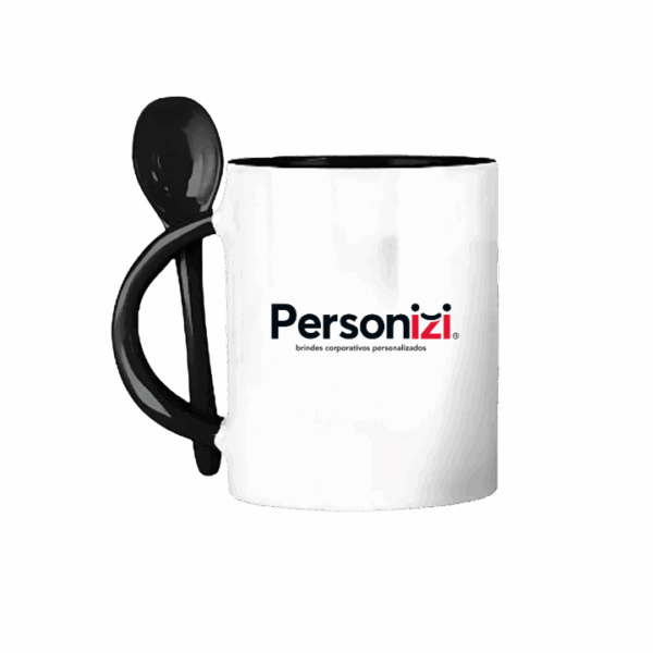 Caneca personalizada com interior colorido e colher. Brinde criativo e funcional para ações promocionais e eventos corporativos.