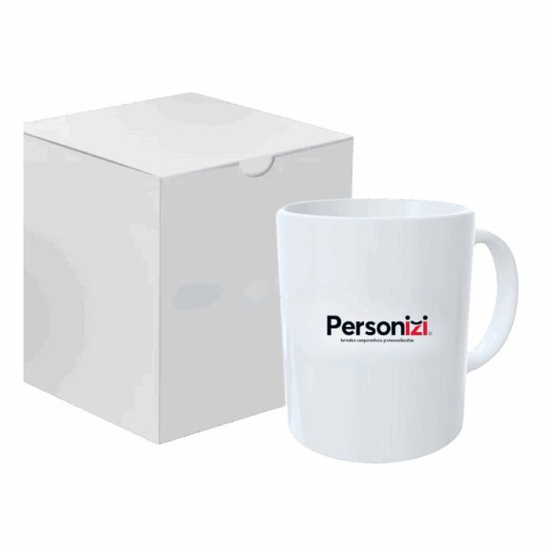 Caneca personalizada 325ml em porcelana com caixa presente. Brinde elegante e completo para ações promocionais e eventos corporativos.