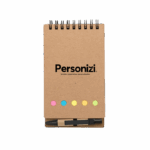 Bloco ecológico 9x16cm com mini caneta e autoadesivos – brindes personalizados ideais para ações sustentáveis e eventos corporativos.