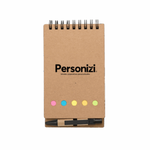 Bloco ecológico 9x16cm com mini caneta e autoadesivos – brindes personalizados ideais para ações sustentáveis e eventos corporativos.