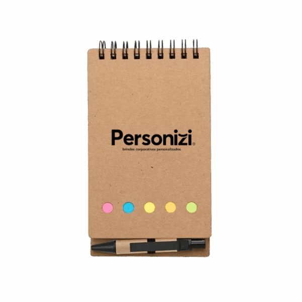 Bloco ecológico 9x16cm com mini caneta e autoadesivos – brindes personalizados ideais para ações sustentáveis e eventos corporativos.