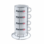 Torre com xícaras de porcelana personalizadas com logo. Brinde corporativo sofisticado para ações promocionais e kits institucionais.