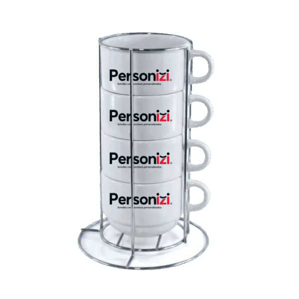 Torre com xícaras de porcelana personalizadas com logo. Brinde corporativo sofisticado para ações promocionais e kits institucionais.