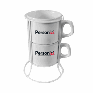 Torre com 2 xícaras de porcelana personalizadas com logo. Brinde sofisticado para eventos corporativos e ações promocionais.