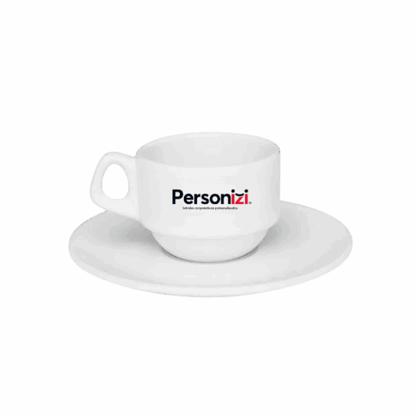 Xícara de porcelana 80ml com pires e logo. Brinde personalizado elegante para ações promocionais, eventos e kits corporativos.