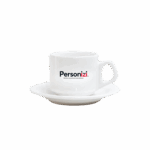 Xícara com pires de porcelana 180ml personalizada com logo. Brinde corporativo elegante para eventos, ações promocionais e kits.