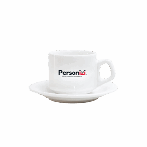 Xícara com pires de porcelana 180ml personalizada com logo. Brinde corporativo elegante para eventos, ações promocionais e kits.