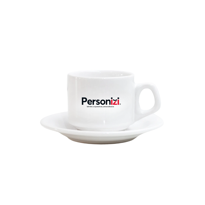 Xícara com pires de porcelana 180ml personalizada com logo. Brinde corporativo elegante para eventos, ações promocionais e kits.
