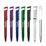 Caneta plástica touch com suporte e logo. Brinde personalizado funcional e moderno para campanhas promocionais e eventos corporativos.