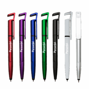 Caneta plástica touch com suporte e logo. Brinde personalizado funcional e moderno para campanhas promocionais e eventos corporativos.