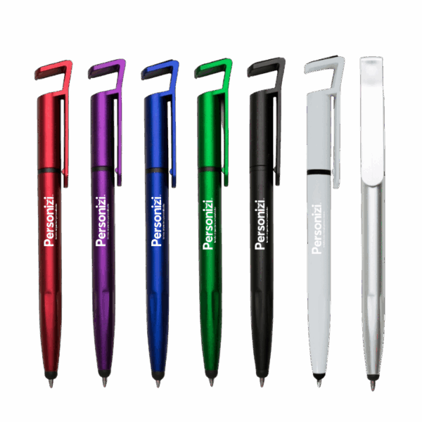 Caneta plástica touch com suporte e logo. Brinde personalizado funcional e moderno para campanhas promocionais e eventos corporativos.