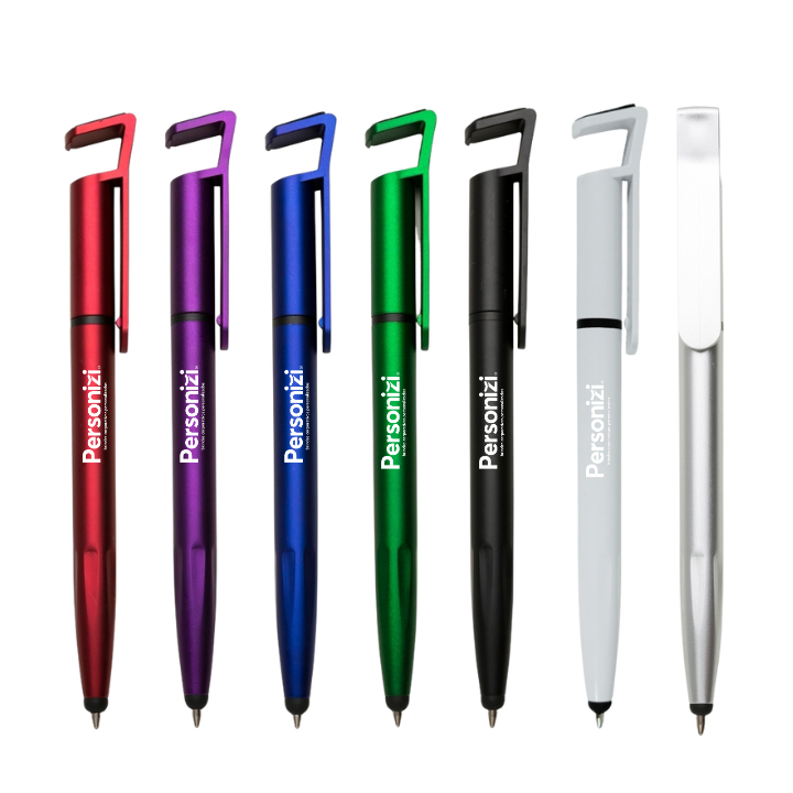 Caneta plástica touch com suporte e logo. Brinde personalizado funcional e moderno para campanhas promocionais e eventos corporativos.