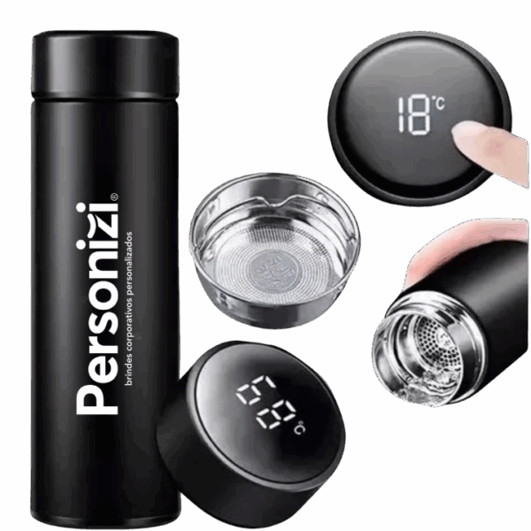 Garrafa térmica com display LED personalizada. Brinde moderno, funcional e tecnológico para ações promocionais e uso corporativo.