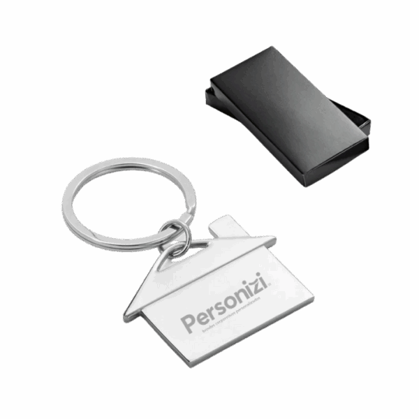 Chaveiro casa personalizado em metal — brinde simbólico e durável para construtoras, imobiliárias, eventos corporativos e campanhas promocionais.