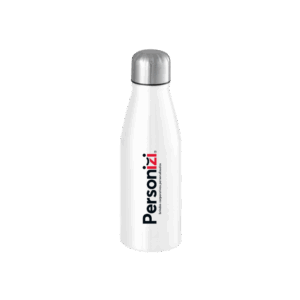 Garrafa squeeze branca 500ml em alumínio personalizada com sublimação. Brinde leve, durável e com alta qualidade de impressão.