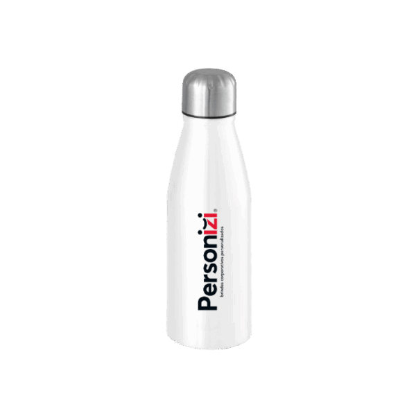 Garrafa squeeze branca 500ml em alumínio personalizada com sublimação. Brinde leve, durável e com alta qualidade de impressão.