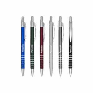 Caneta metal personalizada com 7 anéis, ideal como brindes corporativos de alto padrão para eventos e ações promocionais.