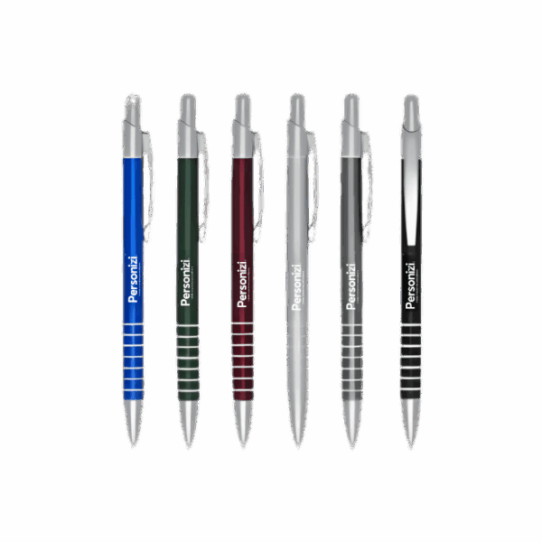 Caneta metal personalizada com 7 anéis, ideal como brindes corporativos de alto padrão para eventos e ações promocionais.