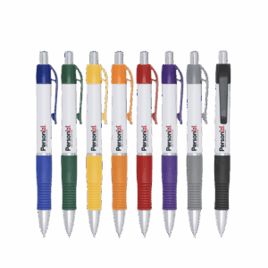 Caneta plástica com design sofisticado e personalização a laser. Brinde personalizado ideal para ações corporativas.