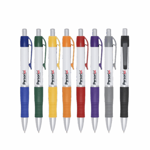 Caneta plástica com design sofisticado e personalização a laser. Brinde personalizado ideal para ações corporativas.