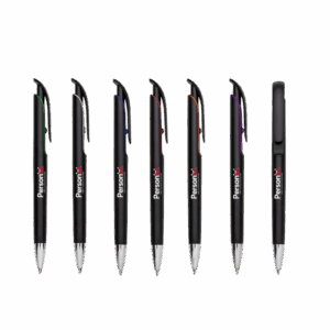 Caneta plástica com borda colorida personalizada e logo em Laser UV. Brindes personalizados ideais para ações corporativas e promocionais.