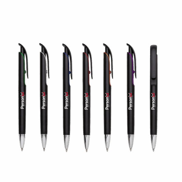 Caneta plástica com borda colorida personalizada e logo em Laser UV. Brindes personalizados ideais para ações corporativas e promocionais.