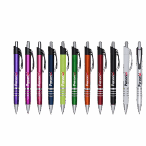 Caneta plástica com design moderno, ideal para brindes personalizados em campanhas corporativas e promocionais.