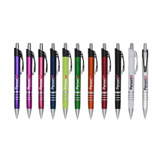 Caneta plástica com design moderno, ideal para brindes personalizados em campanhas corporativas e promocionais.