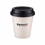 Copo ecológico de 350ml com tampa, feito de plástico e fibra de arroz, ideal como brindes personalizados sustentáveis para empresas.