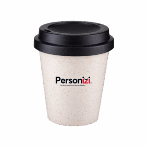 Copo ecológico de 350ml com tampa, feito de plástico e fibra de arroz, ideal como brindes personalizados sustentáveis para empresas.