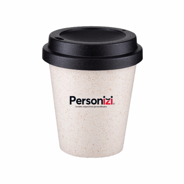 Copo ecológico de 350ml com tampa, feito de plástico e fibra de arroz, ideal como brindes personalizados sustentáveis para empresas.