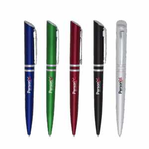 Caneta plástica com 2 anéis, ideal para brindes personalizados em ações corporativas e promocionais.