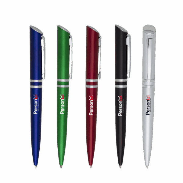Caneta plástica com 2 anéis, ideal para brindes personalizados em ações corporativas e promocionais.